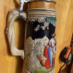 DBGM Original Vintage Signed German Ceramic Painted Glazed Pewter Lid Beer Stein