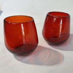 Pair Hand Blown Ruby Red Art Glass Tumblers 4″ Studio Glass Bubble Pontil Bottom