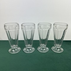 4 Libbey Milkshake Ice Cream Sundae Clear Glass Basketweave Base 7″ Vintage 60s