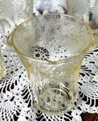 4 HAZEL ATLAS FLORENTINE 2 (POPPY) YELLOW DEPRESSION JUICE GLASSES 1932-35