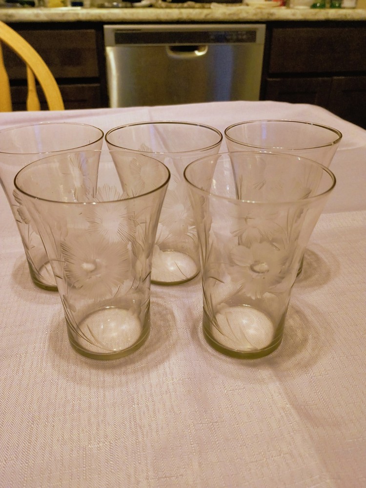 5 W J Hughes Cornflower Hand Made Crystal W/ Wheel Cut Etching 10oz. Glasses