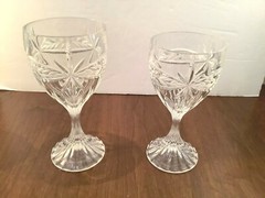 Lot of 2 Vintage Pressed Cut Glass Stemmed Wine Goblets Stars Florals 7″ & 6 1/2