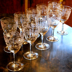 Vtg Set 10 CENTRAL GLASS WORKS Needle Etched Optic PASSIONFLOWER Water Goblets