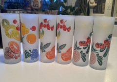 6 Vintage 60s Federal Glass Frosted Fruit Tom Collins Cocktail Tumblers MCM Bar