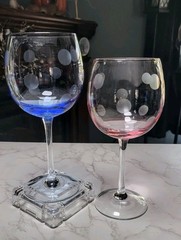 2 Marquis Waterford Crystal Wine Glasses Balloon ~ Blue & Pink Dot 20oz