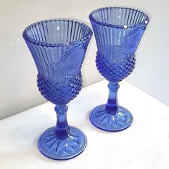 Vintage Cobalt Blue Goblets Set of 2 Cameo Medallion Portrait Diamond Pattern