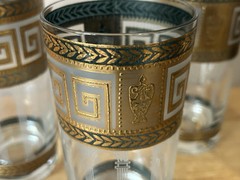 Set Of 4 CULVER Greek Highball Glasses Green 22k Gold MCM Cocktail Signed