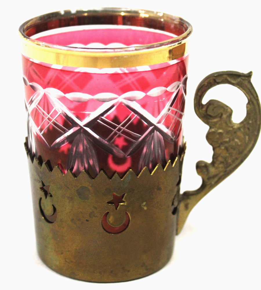 Antique Wheel Cut Ruby Flash Glass Tumbler w/ Brass Holder – Stars & Moons
