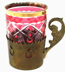 Antique Wheel Cut Ruby Flash Glass Tumbler w/ Brass Holder – Stars & Moons