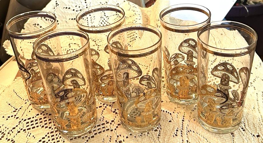 Culver MCM 22K Gold Applied Mushroom Highball Glasses Set of 6 Signed Vintage
