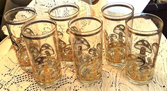 Culver MCM 22K Gold Applied Mushroom Highball Glasses Set of 6 Signed Vintage