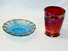 St Clair Carnival Glass Red Grapes and Cable Tumbler & Ice Bllue Grapes 5″ Plate