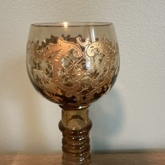 Moser Style Amber Bock Glass With Enameled Gold And Beehive Trumpet Stem 7.5”