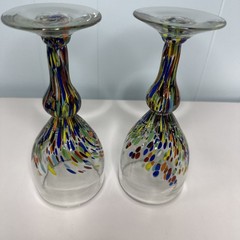 Mexican Art Glass Goblets Pair of Hand Blown Colorful Confetti Wine Glasses