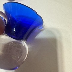 Pair of Vintage Cobalt Blue Art Glass Mugs Clear Handle Tiny Mini Pitchers Cups
