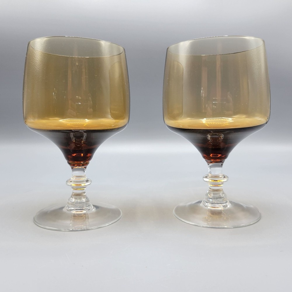 Vintage Sasaki Crystal Smoky Amber Wine Water Goblet Glasses Set Of 2 Clear Stem