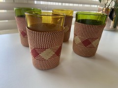 Yellow Green Set 4 Juice Cocktail Glasses Vintage Woven Boho Coaster Sleeves