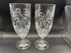 TWO GODINGER SHANNON CRYSTAL SOUTH BEACH PALM TREE ICED TEA WATER GLASSES 8″