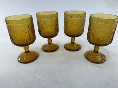 4). Tiara Exclusives 5.5″ Tall Amber Victorian Sandwich Glass Wine Goblet