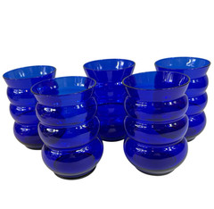 10oz MCM Tumblers Cobalt Blue Harpo Louie Bubble Glass Barware Rocks 4″ VTG Lot5