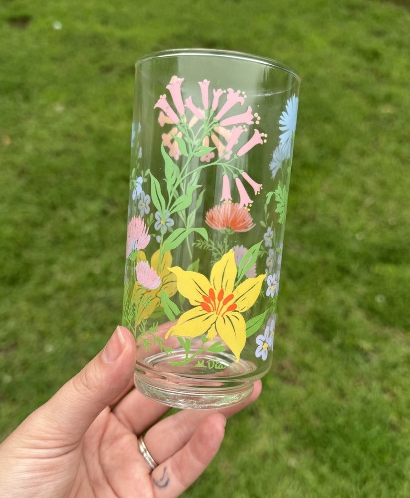 Vintage Libbey Flower Garden Drinking Glass W/ Colorful Floral Design Set Of 2