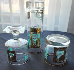 3 Mid Century Modern Libbey Southern Comfort Teal Gold Steamboat Whiskey Tumbler