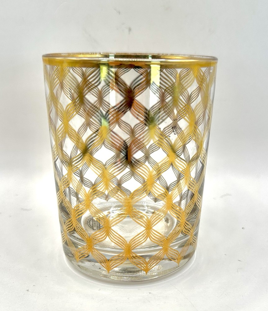 Vintage Handmade Highball glass, Geometric Gold Lattice Pattern, MCM Barware