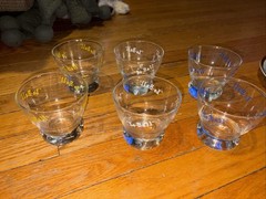 VTG EVA ZEISEL LO BALL GLASSES SET OF 6 FOOTED WHITE, BLUE & YELLOW LETTERS MCM