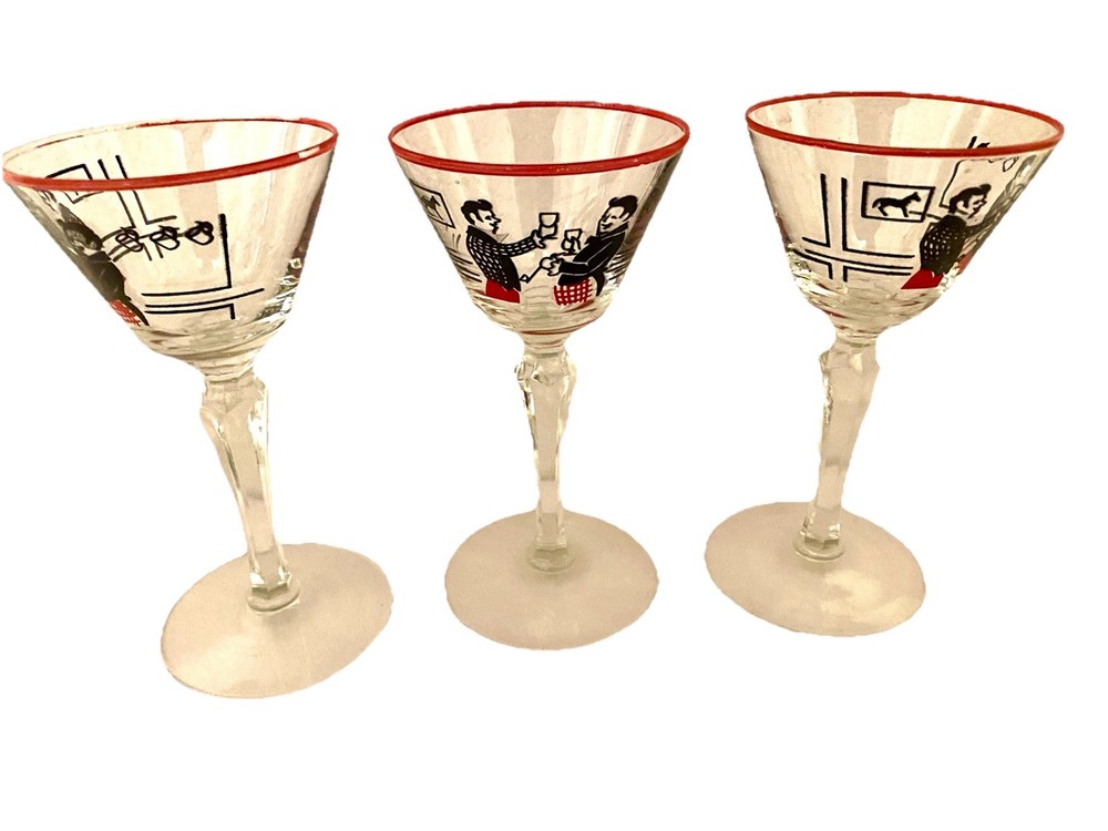 VTG 1947 Libbey Pickwick Liquor Cordial Glass Set of 3 Merrymakers