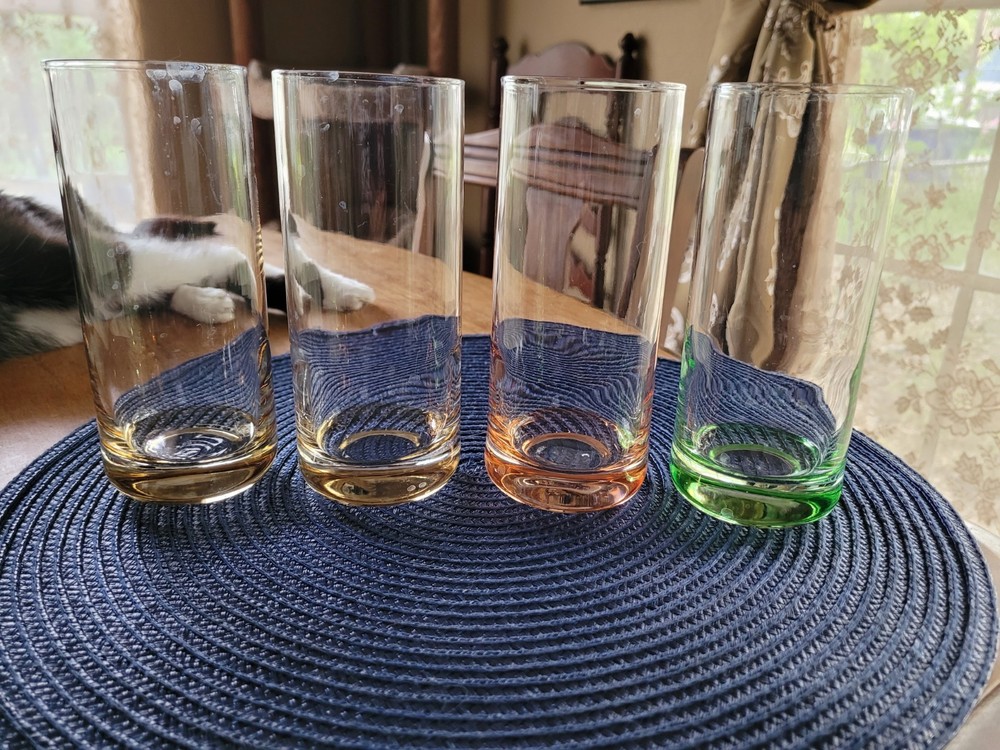 Set of 4 Colored Pink Green yellow Highball Tumblers 6.35” Tall 2.5 Dia.
