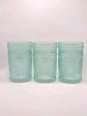 Pioneer Woman Adeline (3) Turquoise 16oz Embossed Glass Tumblers Cups Drinkware