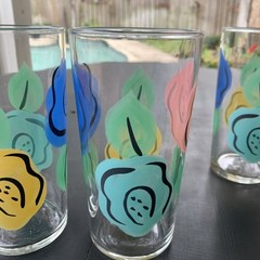 Vintage MCM Mod Floral 16oz Glasses Tumblers 6 1/4″ Set of 4 Boho Seventy vibes