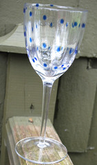 Vtg 8″ CLEAR WAVED OPTIC PANEL w BLUE POLKA DOTS WATER GOBLET GLASS Hand Blown