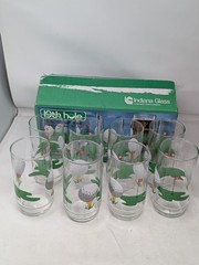 8 Pc Indiana Glass 19th Hole Golf 16 Oz Highball Glasses w/Box Vintage Tumbler