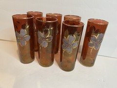 7 Vintage hand painted floral amber/red drinking glasses gold rim READ