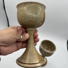 Set (2) Art Studio Pottery Wine Goblets Chalice Style Sand Earthenware Boho