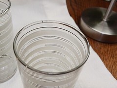 3 Vintage Highball Glasses -1940s. White etching, silver striping. Unique find!