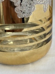 1960s Set Of 5 Gilt Gold Glass Cup Tumblers With Silver Roses, Clear Stripes MCM