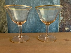 Pink Depression Glass Optic Champagne Coupes Gold Encrusted Rim Vintage Pair 2