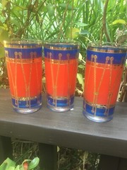 3 Christmas themed DRUM MCM tumblers glasses gold and enamel blue red 5 1/2″