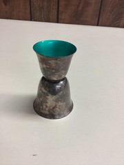 Vintage Unmarked Silver Jigger Shot Glass Red Teal Enamel Cocktail Barware