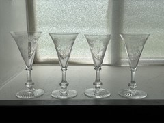 Set Of 4 Antique Saint Louis Crystal Massenet Etch Small Sherry Wine Cordials