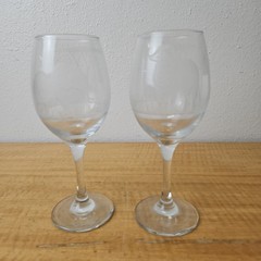 Animal etched wine glasses, SET of 2, Elephant, Buffalo 7 1/2″ unknown mark