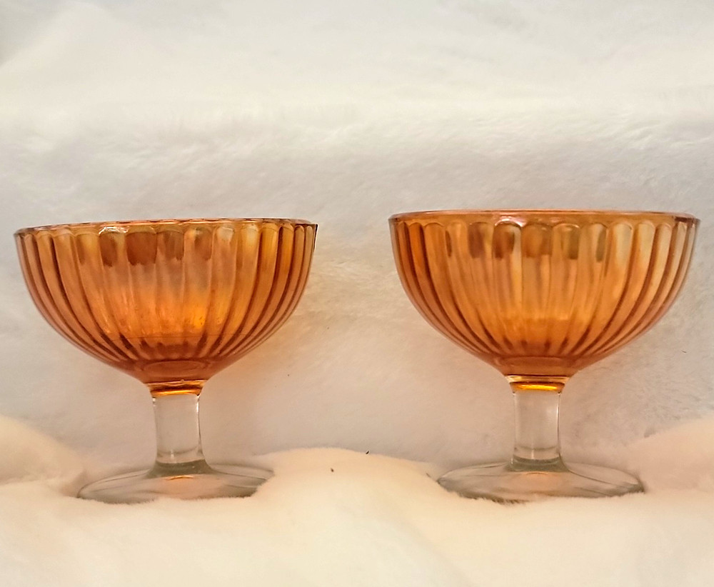 Glass Cocktail Coupe Glasses, Iridescent Amber, Set of 2 Ribbed Bowl Clear Stem