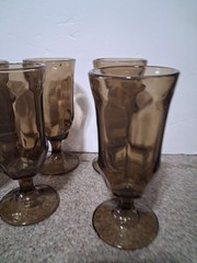 MCM Duz Crystal BROWN TAWNY Accent PANEL DESIGN Glass Ftd WATER GOBLETS Set of 8