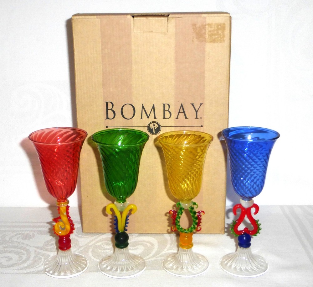 4 Bombay Multicolor Venetian Murano Handblown Art Glass Cordial Goblets Uranium