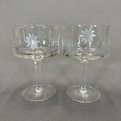 Vintage Etched Floral Clear Gray Cut Glass Goblet 5 1/2″ Set of 2 Stemware 8 oz