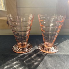 2 Anchor Hocking Block Optic Pink Footed Tumbler Glasses Parfaits 1930s Art Deco