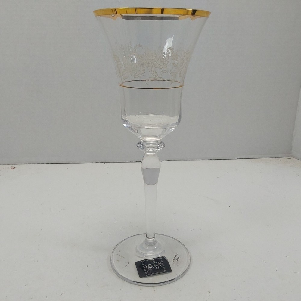 VTG NEW Mikasa Crystal ANTIQUE LACE Gold Trim Glass Goblet 9 1/8″