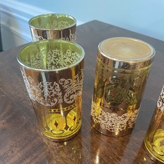 Vintage Crown Dynasty Amber Barware Gold Gilt Filigree Elaborate Design Set Of 4